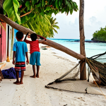 A vibrant Maldivian local island scene: Children playing in a narrow street, an fisherman mending nets by the beach, showcasing the authentic daily life.
