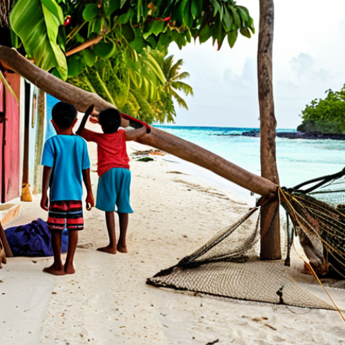 Home 17 A vibrant Maldivian local island scene: Children playing in a narrow street, an fisherman mending nets by the beach, showcasing the authentic daily life.