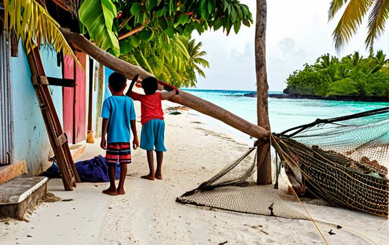 A vibrant Maldivian local island scene: Children playing in a narrow street, an fisherman mending nets by the beach, showcasing the authentic daily life.