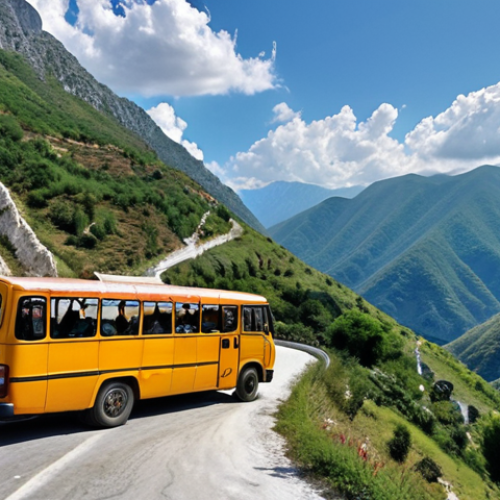 Home 16 A vibrant, slightly aged Albanian bus navigating a winding mountain road, passengers gazing out at the dramatic landscape, capturing the essence of affordable and scenic travel.