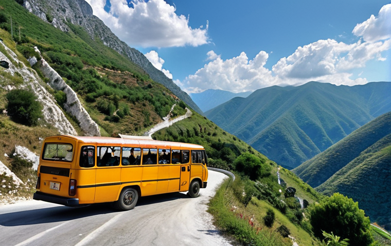 A vibrant, slightly aged Albanian bus navigating a winding mountain road, passengers gazing out at the dramatic landscape, capturing the essence of affordable and scenic travel.
