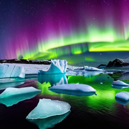 Home 9 **An aurora borealis display over the Jökulsárlón glacier lagoon in Iceland, with icebergs reflecting the green and purple lights, captured during a boat tour at night. Focus on the magical, dreamlike quality of swimming through the aurora.**