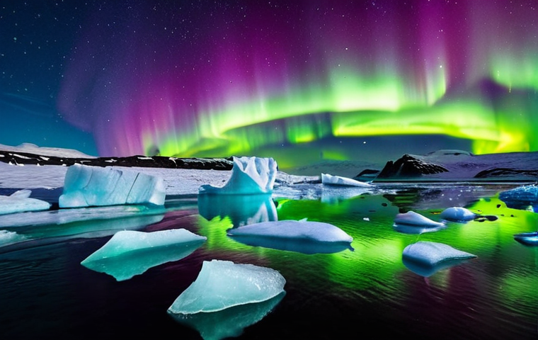 **An aurora borealis display over the Jökulsárlón glacier lagoon in Iceland, with icebergs reflecting the green and purple lights, captured during a boat tour at night. Focus on the magical, dreamlike quality of swimming through the aurora.**