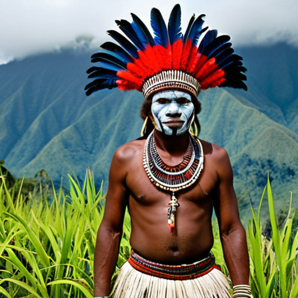 A Papua New Guinean indigenous tribesperson, proudly wearing elaborate, vibrant traditional attire, adorned with intricate red and blue feather headdresses, detailed white and black face paint, and delicately woven grass skirts, body fully clothed with natural materials like shells and earth pigments. The individual stands in a dignified natural pose as if entering a cultural arena, with lush green mountains and soft misty clouds in the background, set in Mount Hagen, Papua New Guinea. Professional photography, high resolution, soft natural lighting, perfect anatomy, correct proportions, well-formed hands, natural body proportions, safe for work, appropriate content, modest clothing, family-friendly.