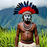 A Papua New Guinean indigenous tribesperson, proudly wearing elaborate, vibrant traditional attire, adorned with intricate red and blue feather headdresses, detailed white and black face paint, and delicately woven grass skirts, body fully clothed with natural materials like shells and earth pigments. The individual stands in a dignified natural pose as if entering a cultural arena, with lush green mountains and soft misty clouds in the background, set in Mount Hagen, Papua New Guinea. Professional photography, high resolution, soft natural lighting, perfect anatomy, correct proportions, well-formed hands, natural body proportions, safe for work, appropriate content, modest clothing, family-friendly.