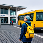 **

"A tourist woman with a backpack, fully clothed in modest travel attire, standing at the BSÍ bus terminal in Reykjavik, Iceland. The terminal is bustling with people and buses. The background shows a modern building with signage. Safe for work, appropriate content, perfect anatomy, correct proportions, professional photography, high quality."

**